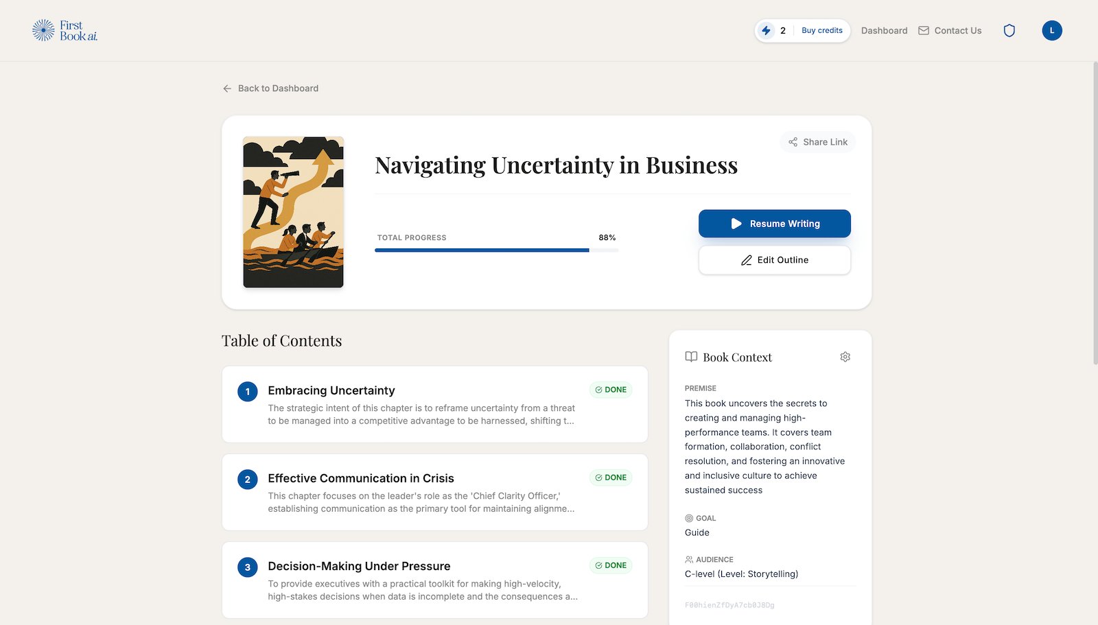 First Book ai — book overview with chapter progress